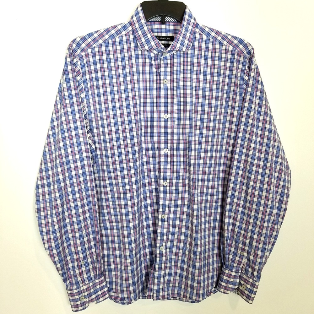 Bugatchi Men Check Button Up Shirt Sz L Long Sleeve Flip Cuffs Classic Fit Nylon